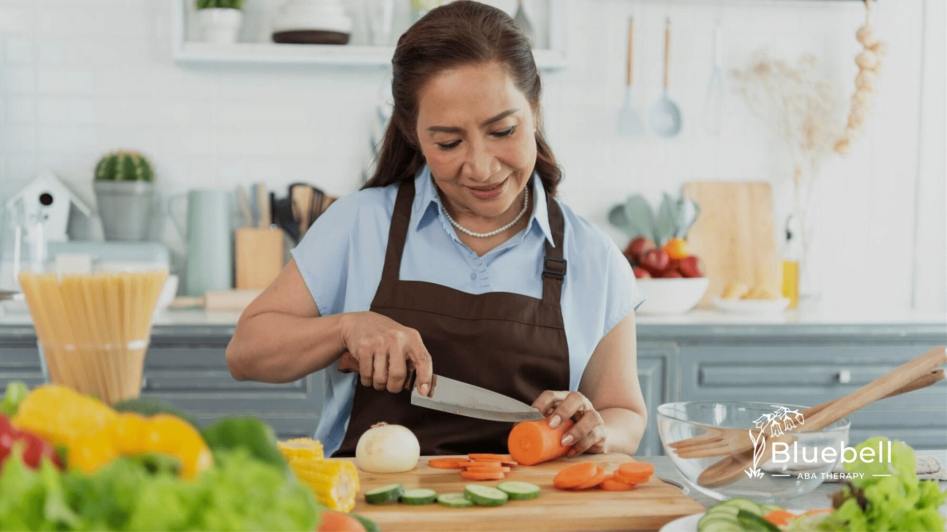 An autistic adult is creating a simple meal in her kitchen